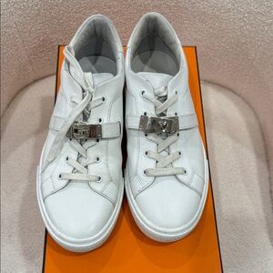 Hermes White Leather Sneakers with Silver Accents